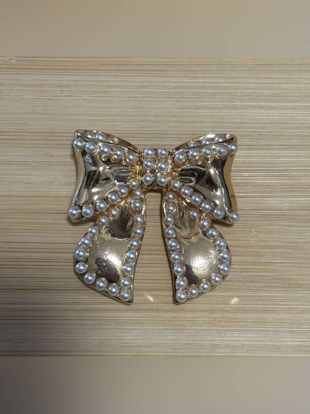 Gold Tone Bow Brooch with Pearl Accents